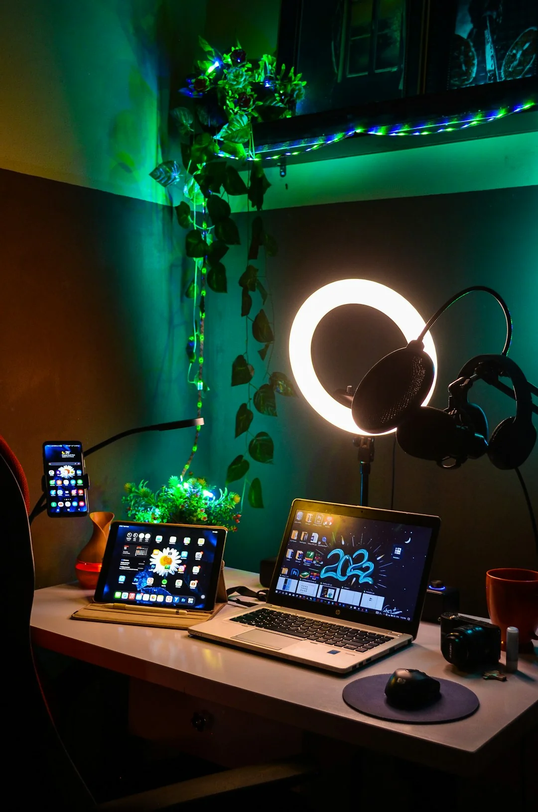 A modern computer screen displaying web design work, showcasing creative visuals in a workspace.